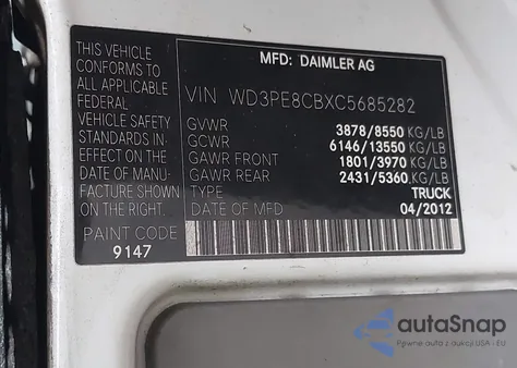 2012 Mercedes-Benz Sprinter 2500 High Roof из США, поврежденный, VIN WD3PE8CBXC5685282